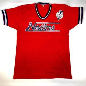 VTG 80s Russell Athletics Ringer Baseball Jersey Sz M/L Nailers Red V-Neck 1980s